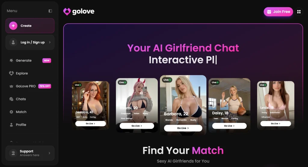 Aperçu de l'interface de GoLove.ai