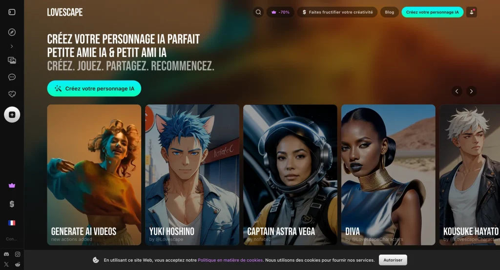 Aperçu de l'interface de Lovescape